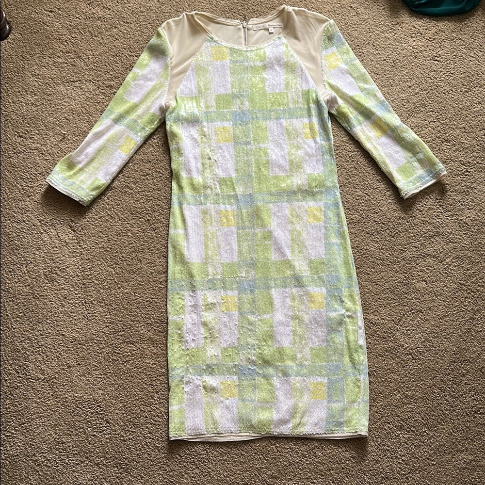 RACHEL Rachel Roy Green and White 3/4 Sleeve Sequin Sheath Dress Mesh Panels